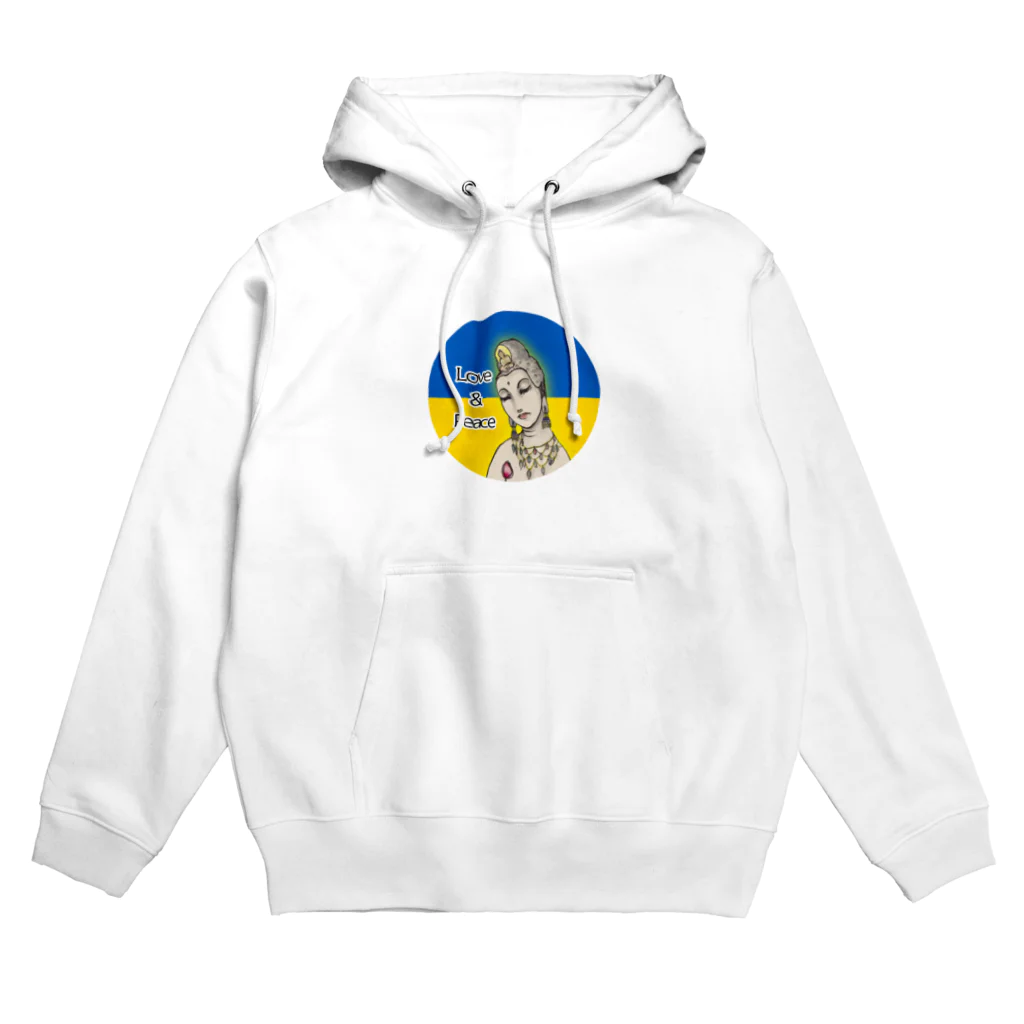 諭苑のSUZURI店のLove＆Peace観世音菩薩ウクライナ国旗背景 Hoodie