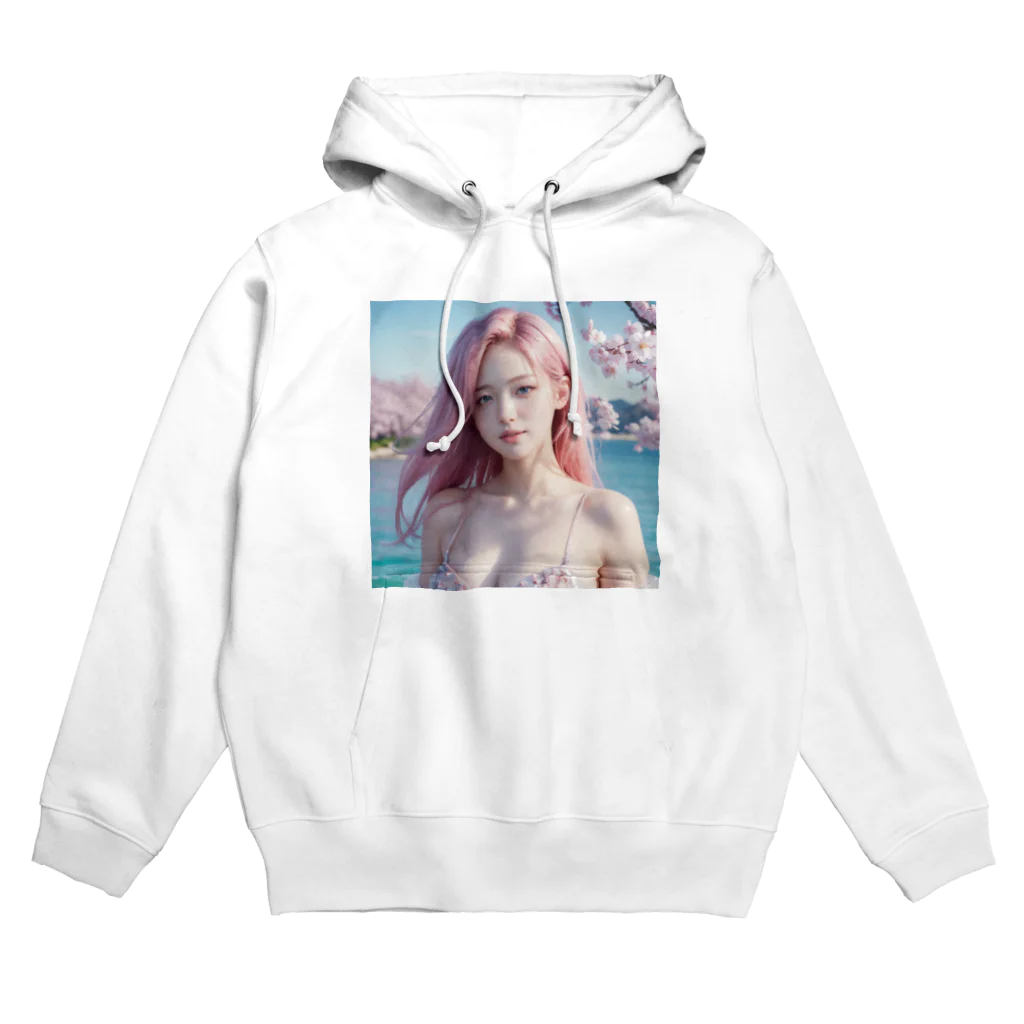 AI goddessの桜と川と青空と、ピンクの髪の女の子 Hoodie