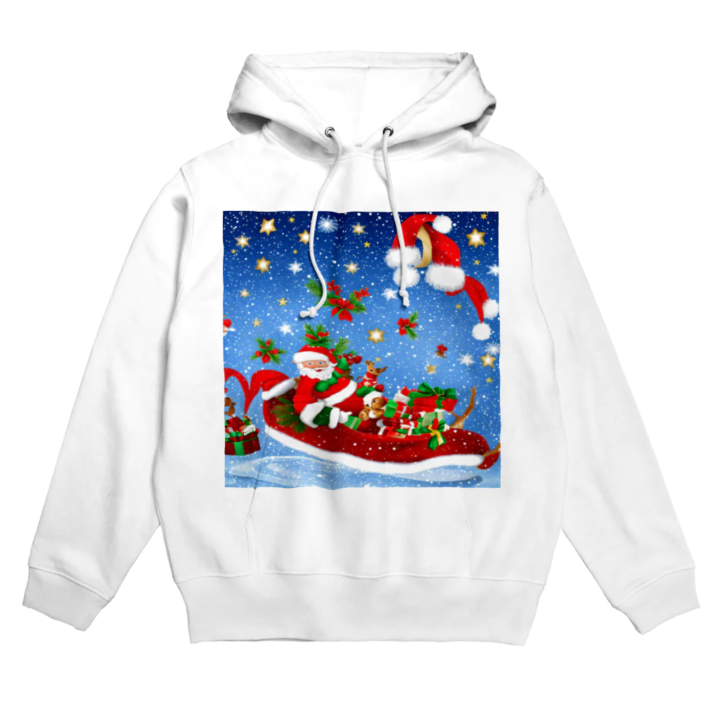 HirockDesignJapanの雪降るクリスマスイブにプレゼントを配達するサンタクロースとトナカイ Hoodie