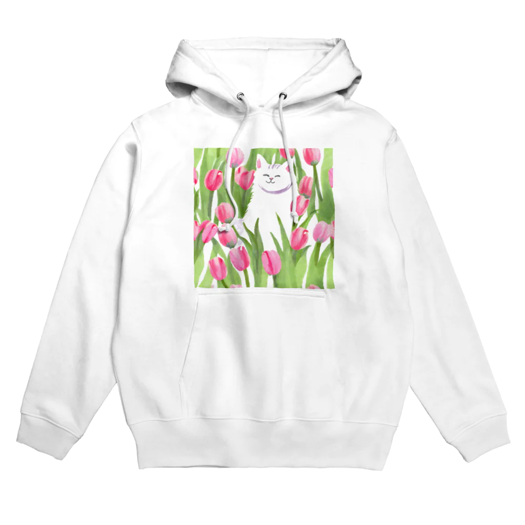 癒しのふわふわ白猫ちゃんのチューリップと白猫ちゃん Hoodie