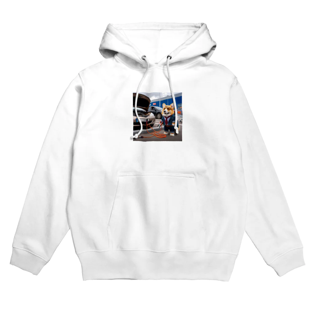 Colorful Canvasの車のバッテリーがあがって、立ち往生しているコーギー Hoodie