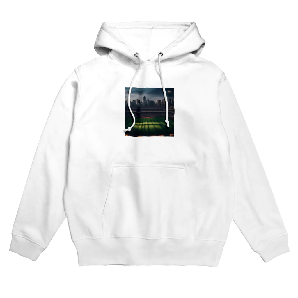 dream_canvasの空にそびえる高層ビルとスポーツスタジアムの壮大な景色。 Hoodie