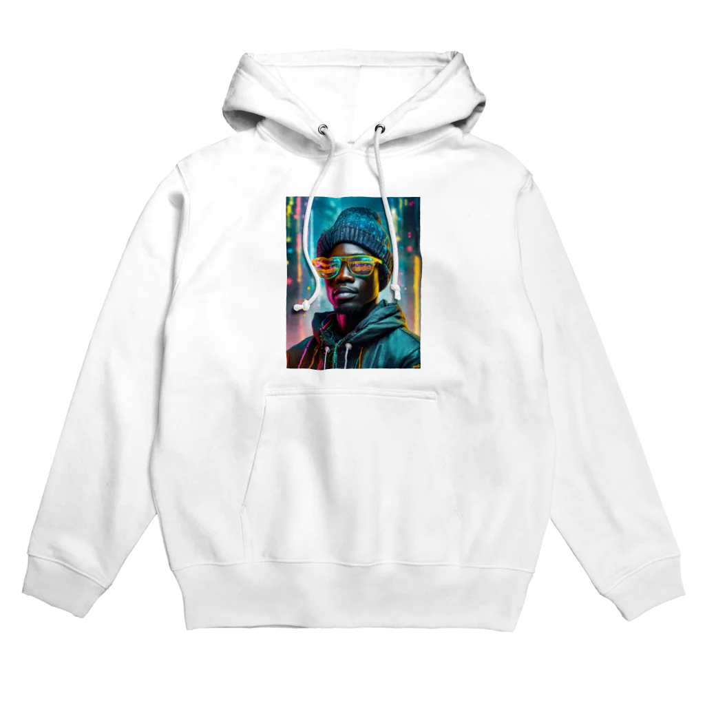 Colorful Canvasのネオンをバックにしているクールな青年 Hoodie