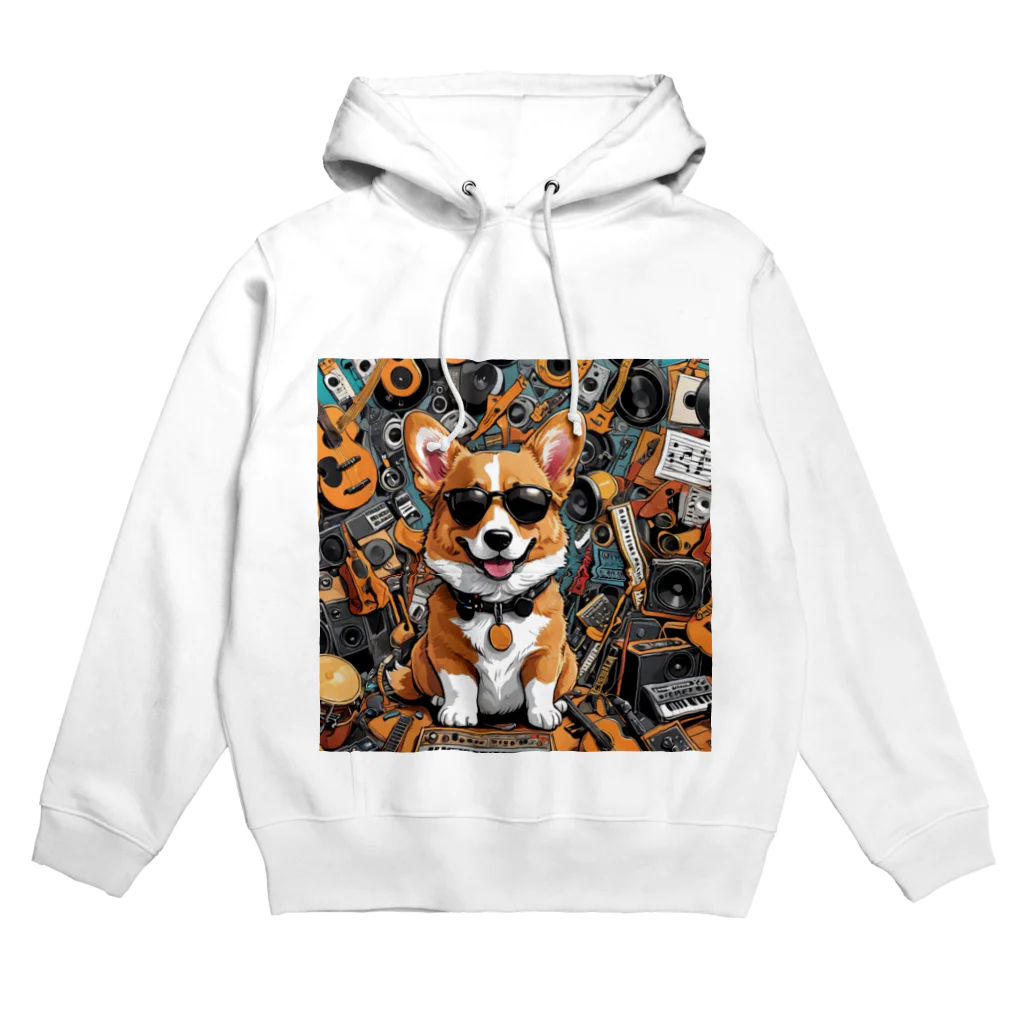 アニマルアーティファクトの楽器に囲まれているコーギー Hoodie