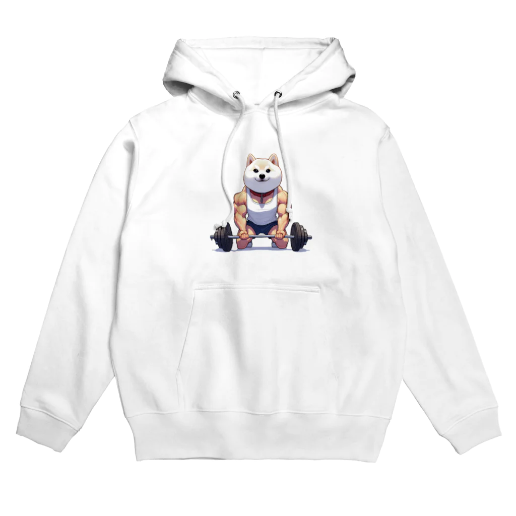 柴犬に囲まれたいのバーベルを上げようとするムキムキの白柴犬 Hoodie