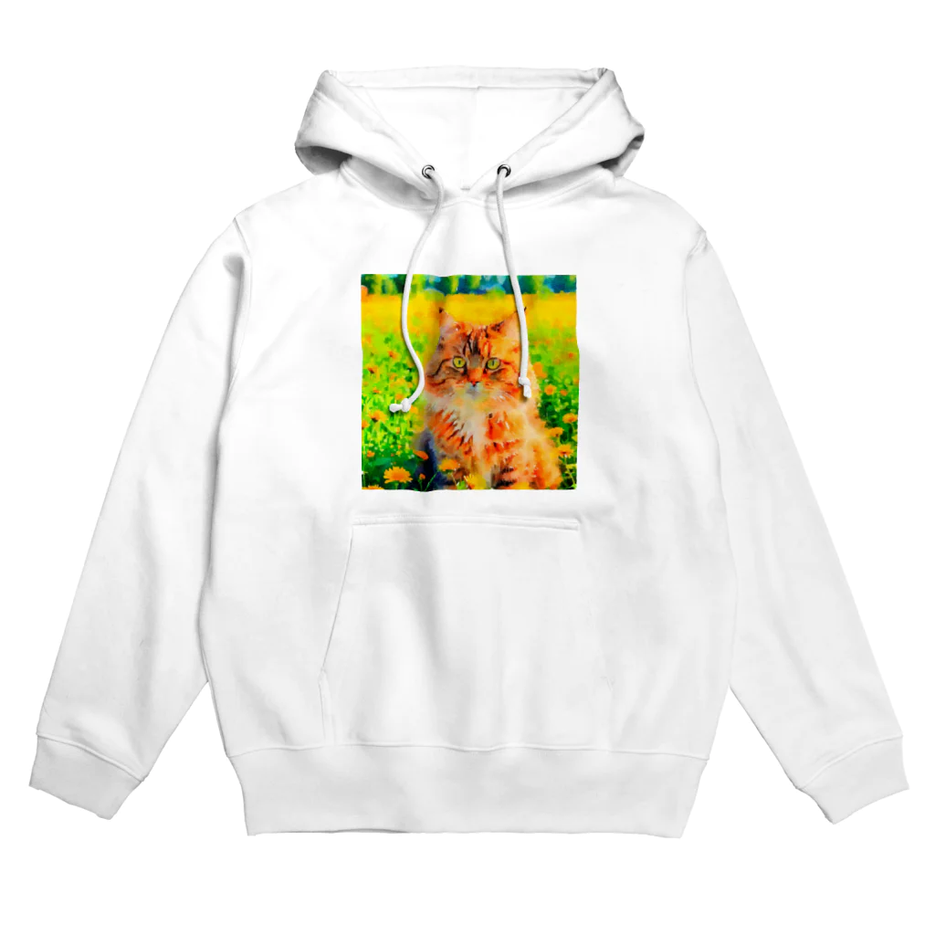 猫好きの谷の猫の水彩画/花畑のサイベリアンねこのイラスト/キジトラネコ Hoodie