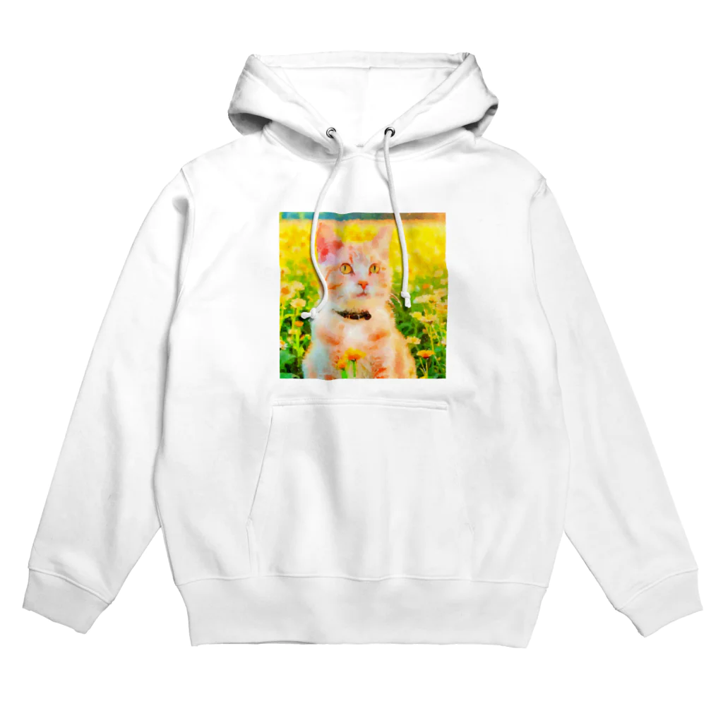 猫好きの谷の猫の水彩画/花畑のチャシロねこのイラスト/茶白ネコ Hoodie