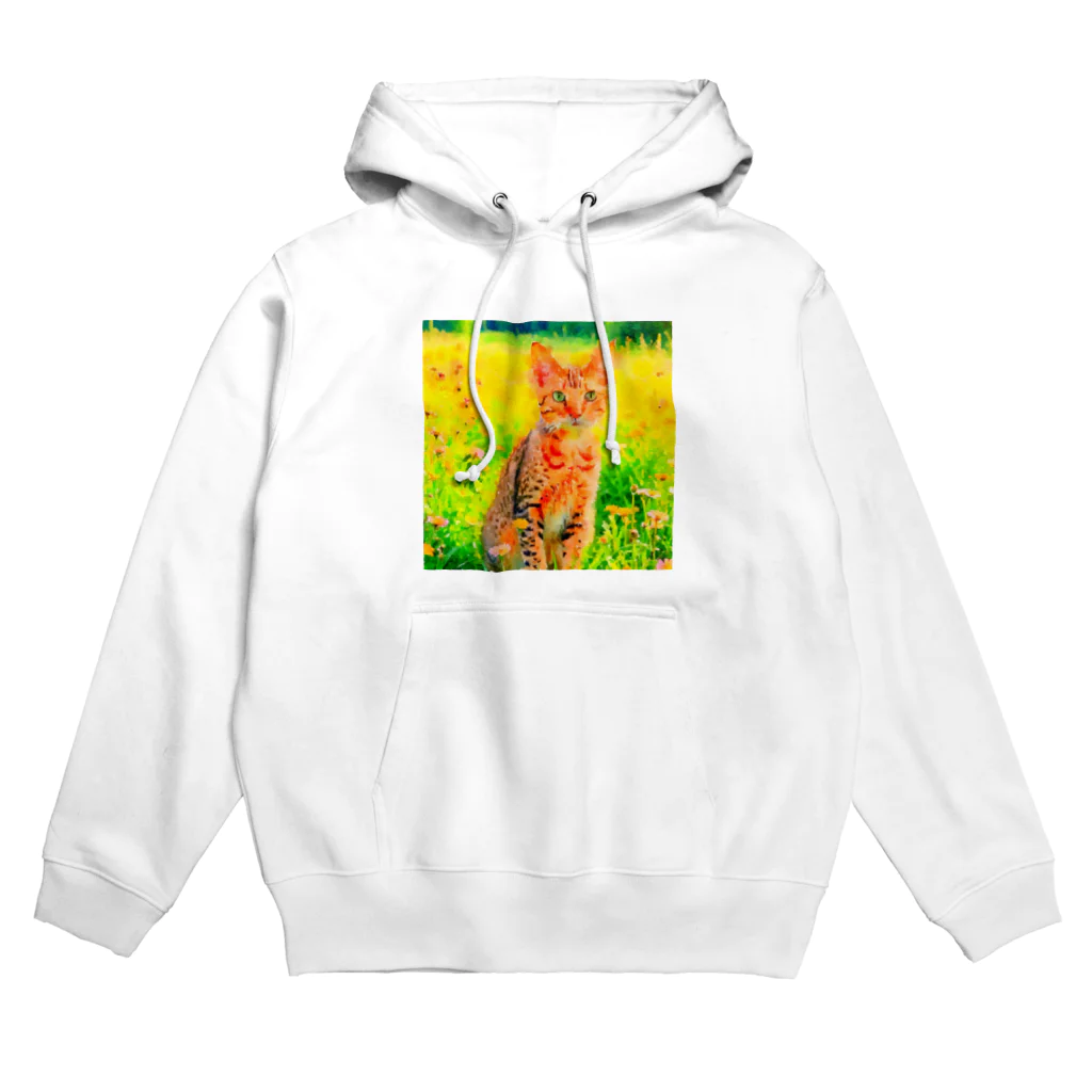 猫好きの谷の猫の水彩画/花畑のオシキャットねこのイラスト/キジトラネコ Hoodie