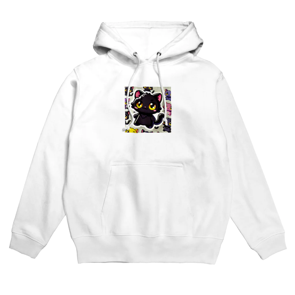 hiiro_catの魅惑の黒猫が、カラフルな背景と調和してかわいさを放つシーン Hoodie