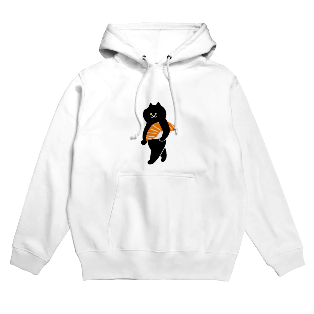 SUIMINグッズのお店の【中】サーモンの握り寿司をかっこよく運ぶねこ Hoodie