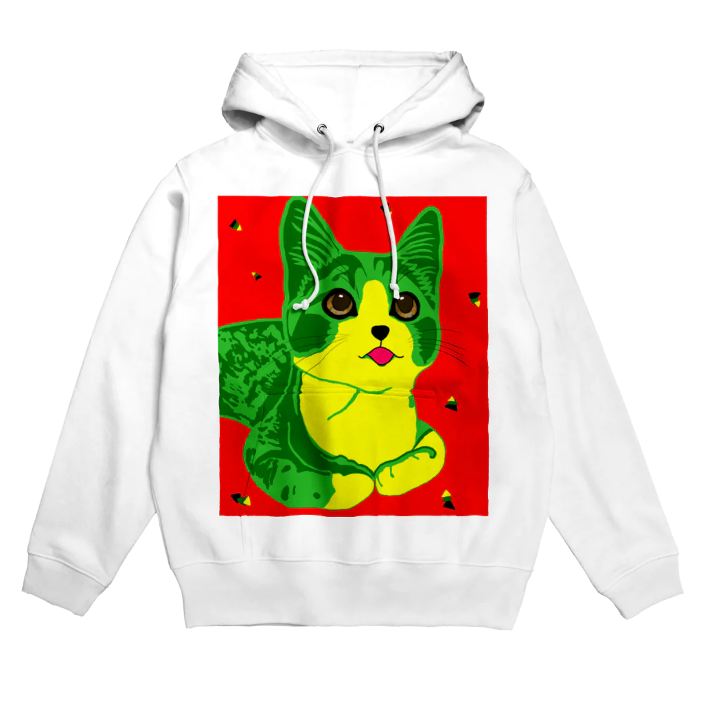 tourbillonの緑と黄色の赤い猫 Hoodie