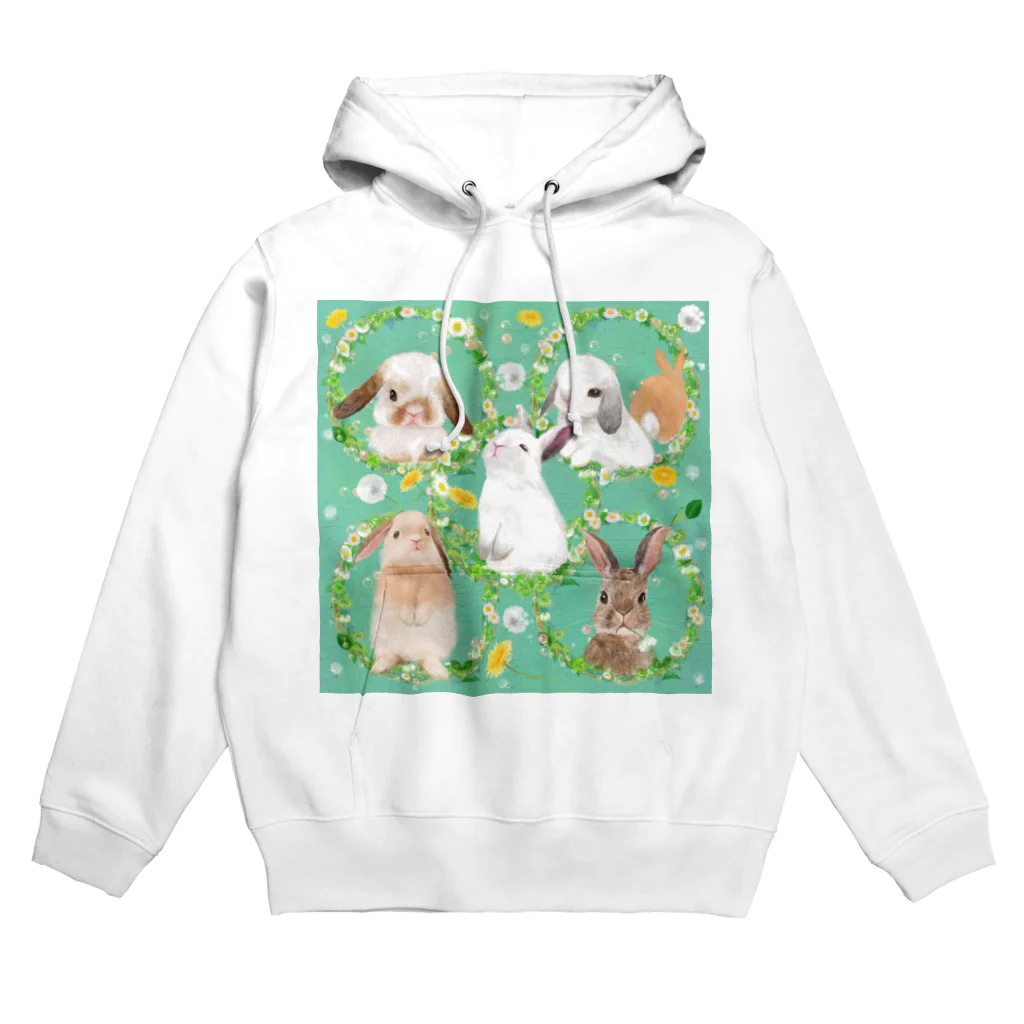 NORIMA'S SHOP のかわいい子うさぎ達とたんぽぽとクローバーのフラワーリース Hoodie