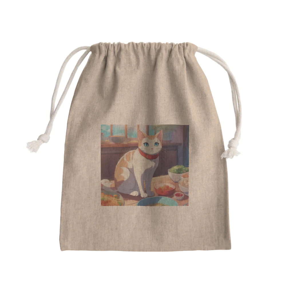 ニコちゃんのご飯の前で座り込む仕草の猫 Mini Drawstring Bag