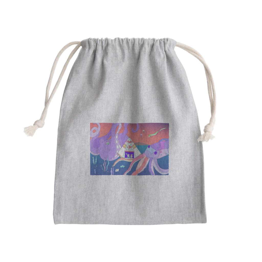 宇宙キャンプの深海でDJするねこ、タコとイカ、クラゲ、リュウグウノツカイ Mini Drawstring Bag