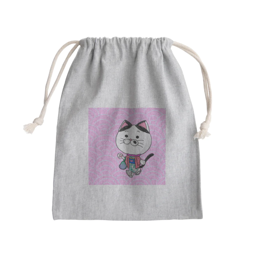 ブドウのお着物でお出かけニャンコ　背景あり Mini Drawstring Bag