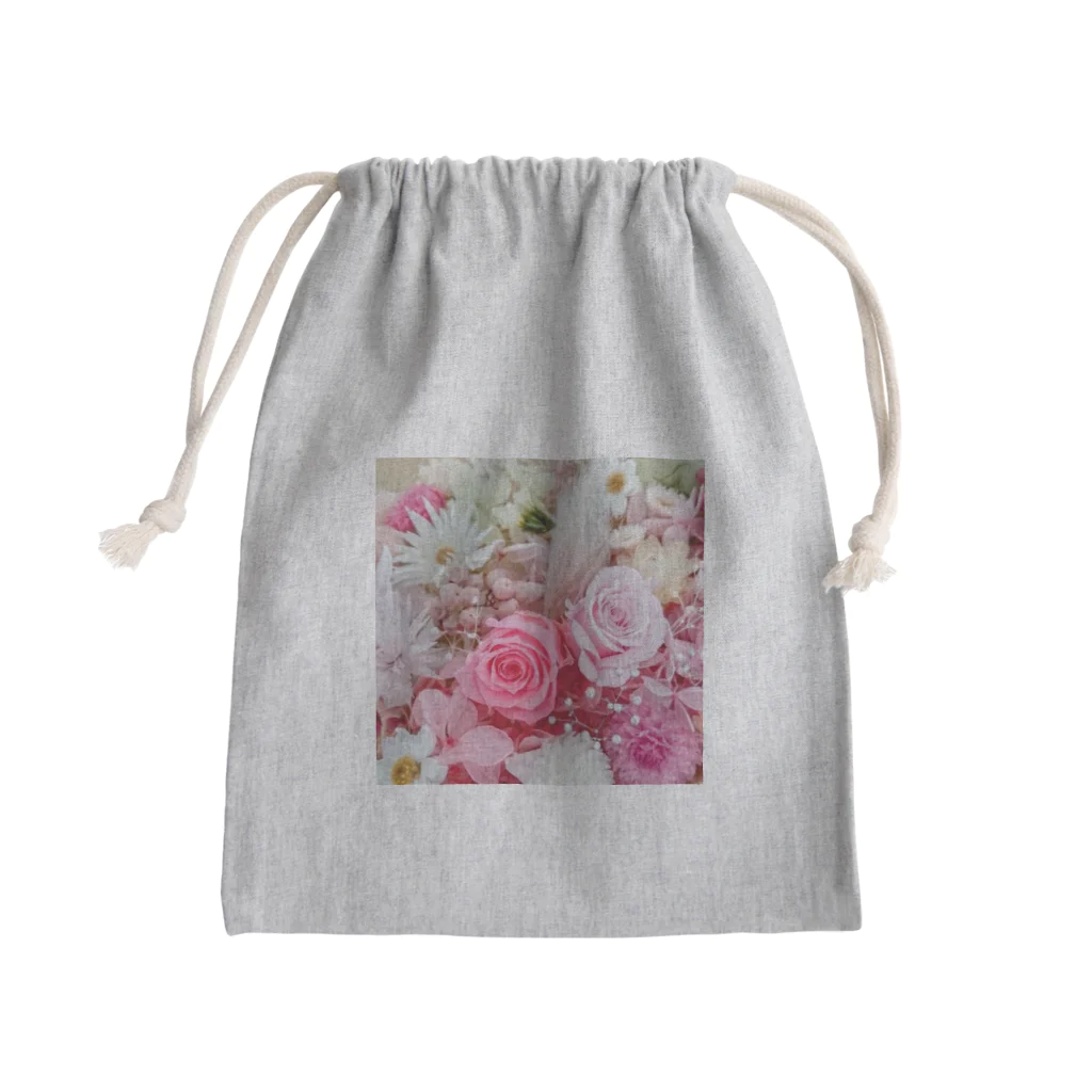 meke flowersのピンクローズのガーリーな花柄 Mini Drawstring Bag