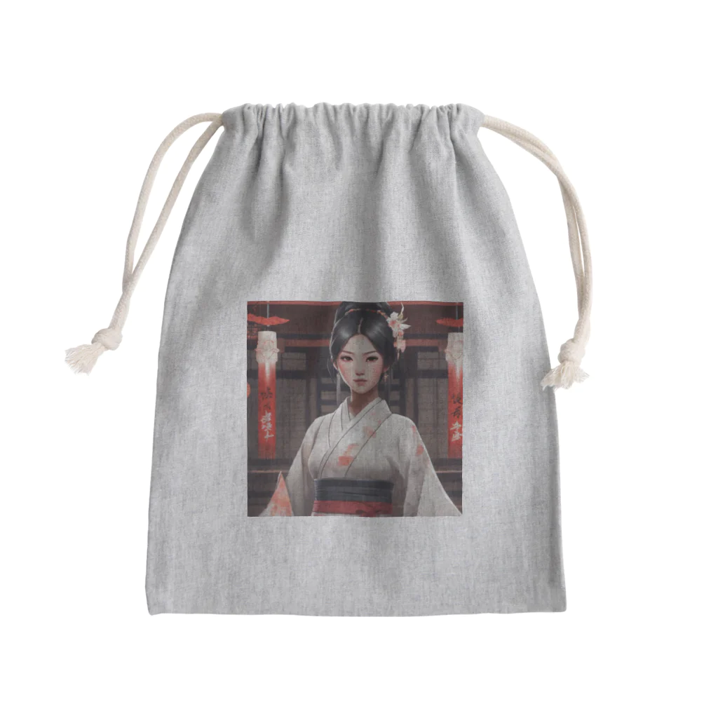 ワンダーワールド・ワンストップの黒髪の美しいポニーテール姿の巫女さん Mini Drawstring Bag