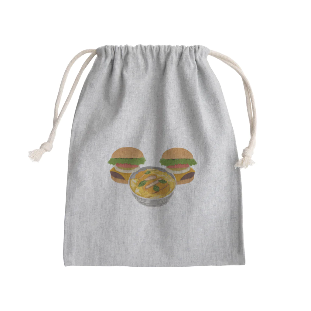 徳原旅行先のお土産屋さんのかつ丼とハンバーガー２個 Mini Drawstring Bag