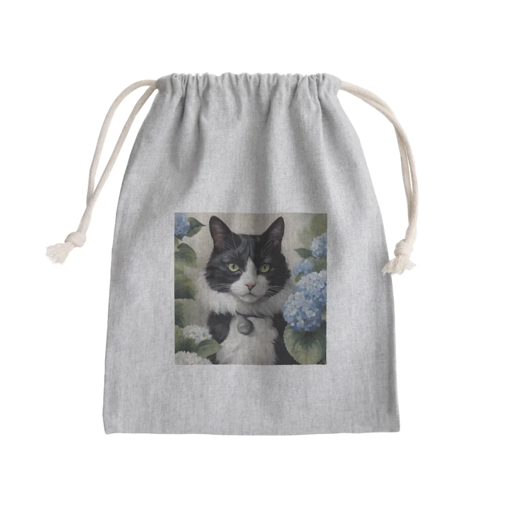 capcat1919のハチワレ猫白黒と紫陽花 Mini Drawstring Bag