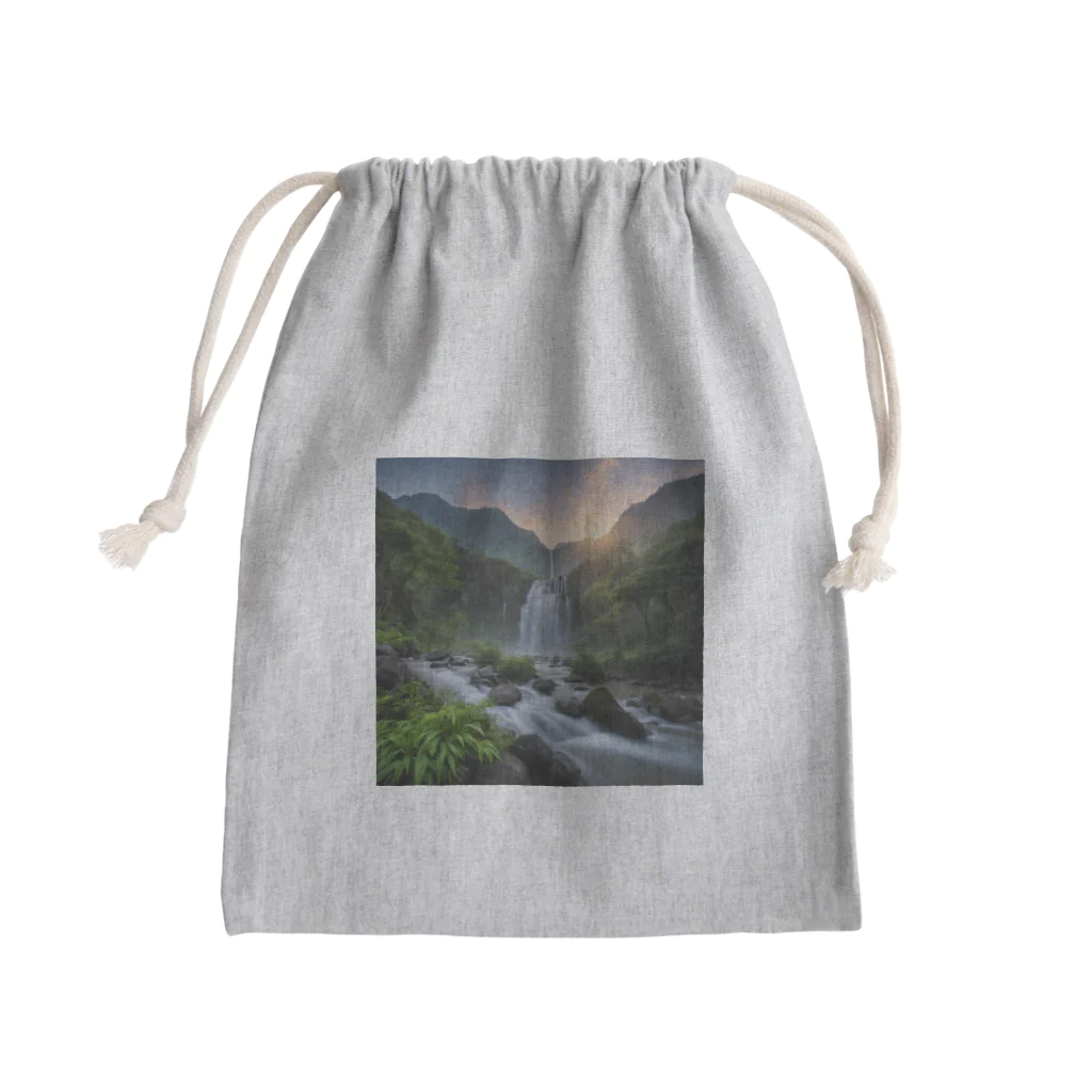 萌えキャラ大好きの朝日に照らされた滝のイラストグッズ Mini Drawstring Bag