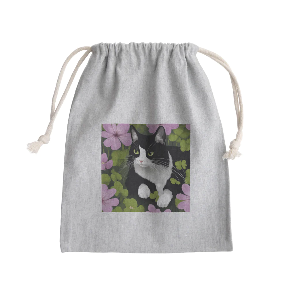 capcat1919のハチワレ白黒猫とオキザリス Mini Drawstring Bag