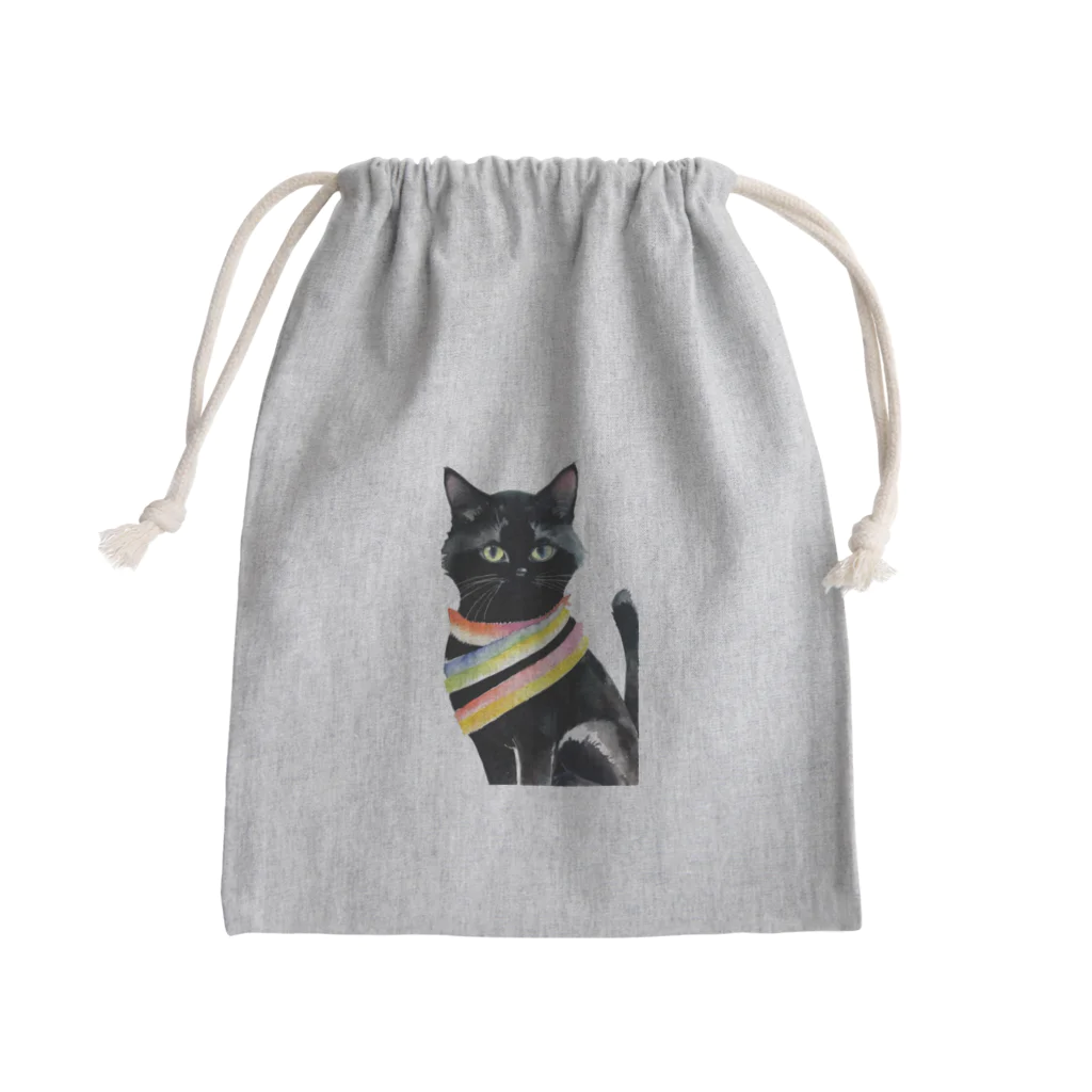 幸運のしっぽの黒猫と虹の首輪 Mini Drawstring Bag