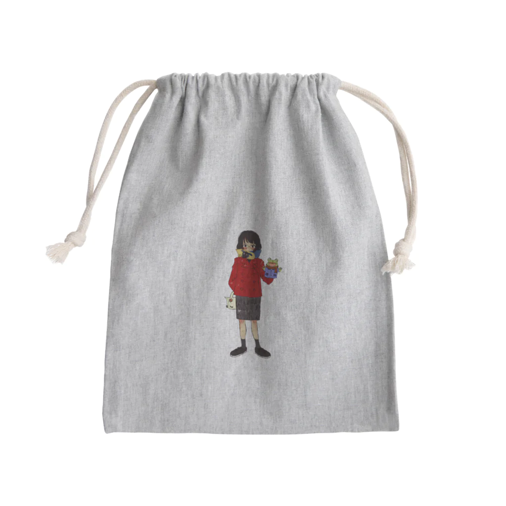 urimushi_064のそばかす眼鏡の赤コート女の子 Mini Drawstring Bag