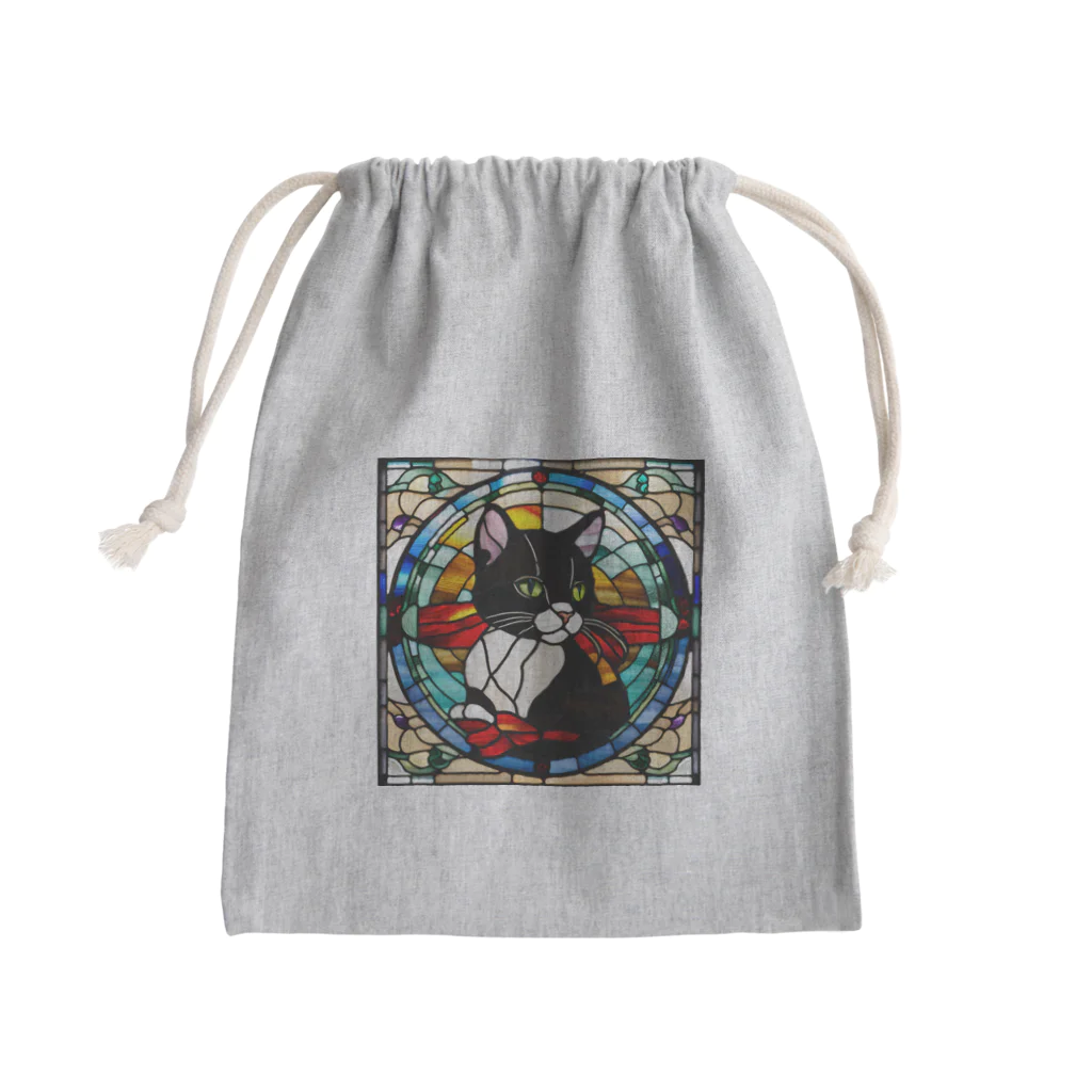 Sayuzu のステンドグラスの黒猫 Mini Drawstring Bag