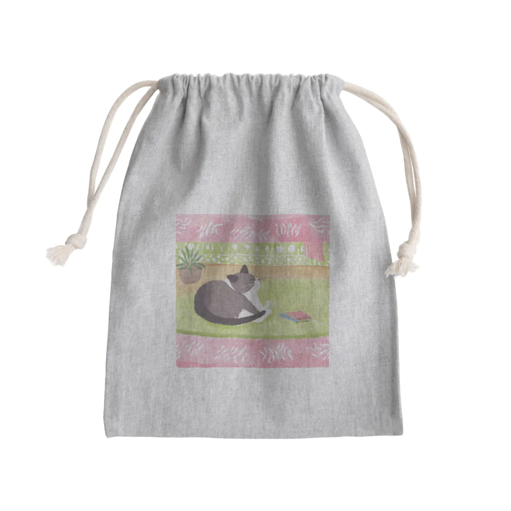 くつろぎ堂☆ネコにゃん☆イヌわんのくつろぎキャットグレー Mini Drawstring Bag