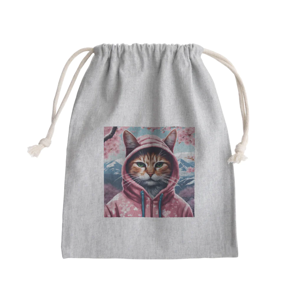 オシャンな動物達^_^の桜舞うなかオシャン猫 Mini Drawstring Bag