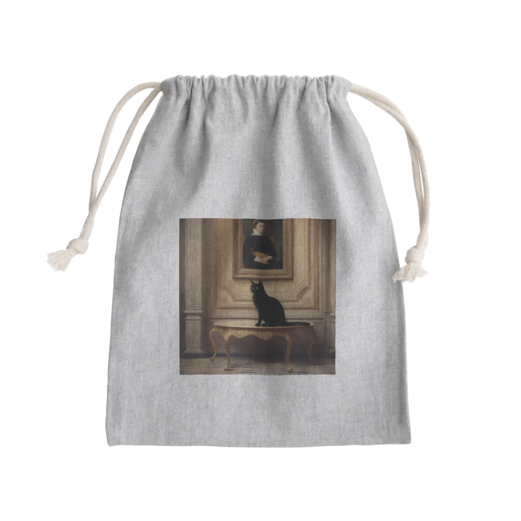 pinoko4143の絵画をバックにたたずむ黒猫 Mini Drawstring Bag