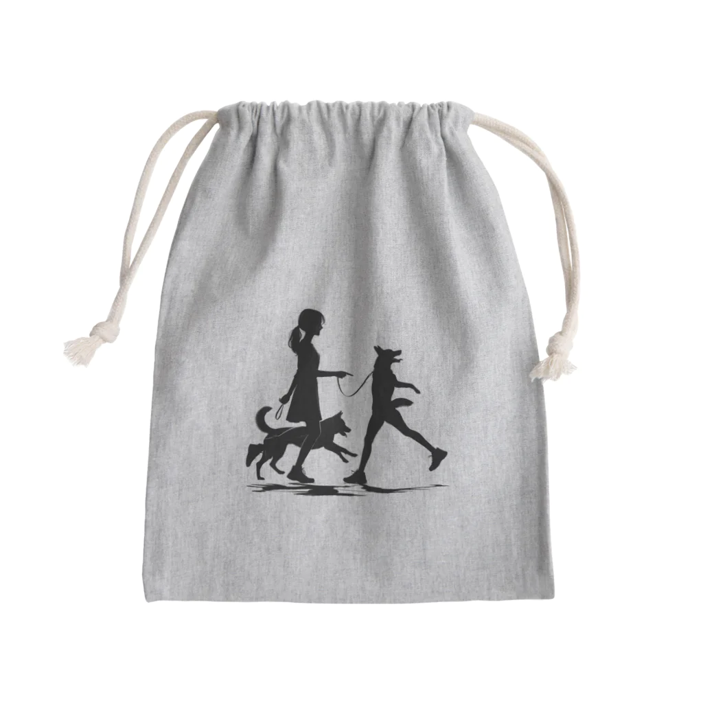 AI間違い探しの犬を散歩する女の子のシルエット Mini Drawstring Bag