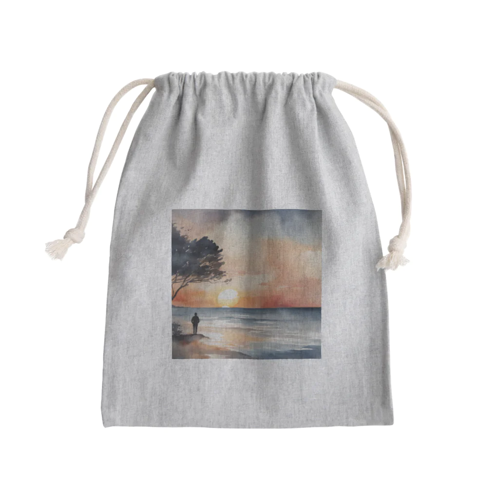 古賀新太郎の夕日に染まる海を背 Mini Drawstring Bag