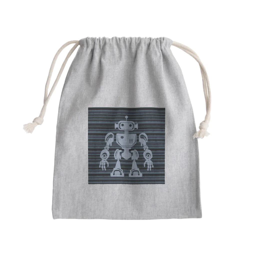 mirinconixの黒と青みがかったグレーのボーダー地にレトロなロボットのシルエット Mini Drawstring Bag