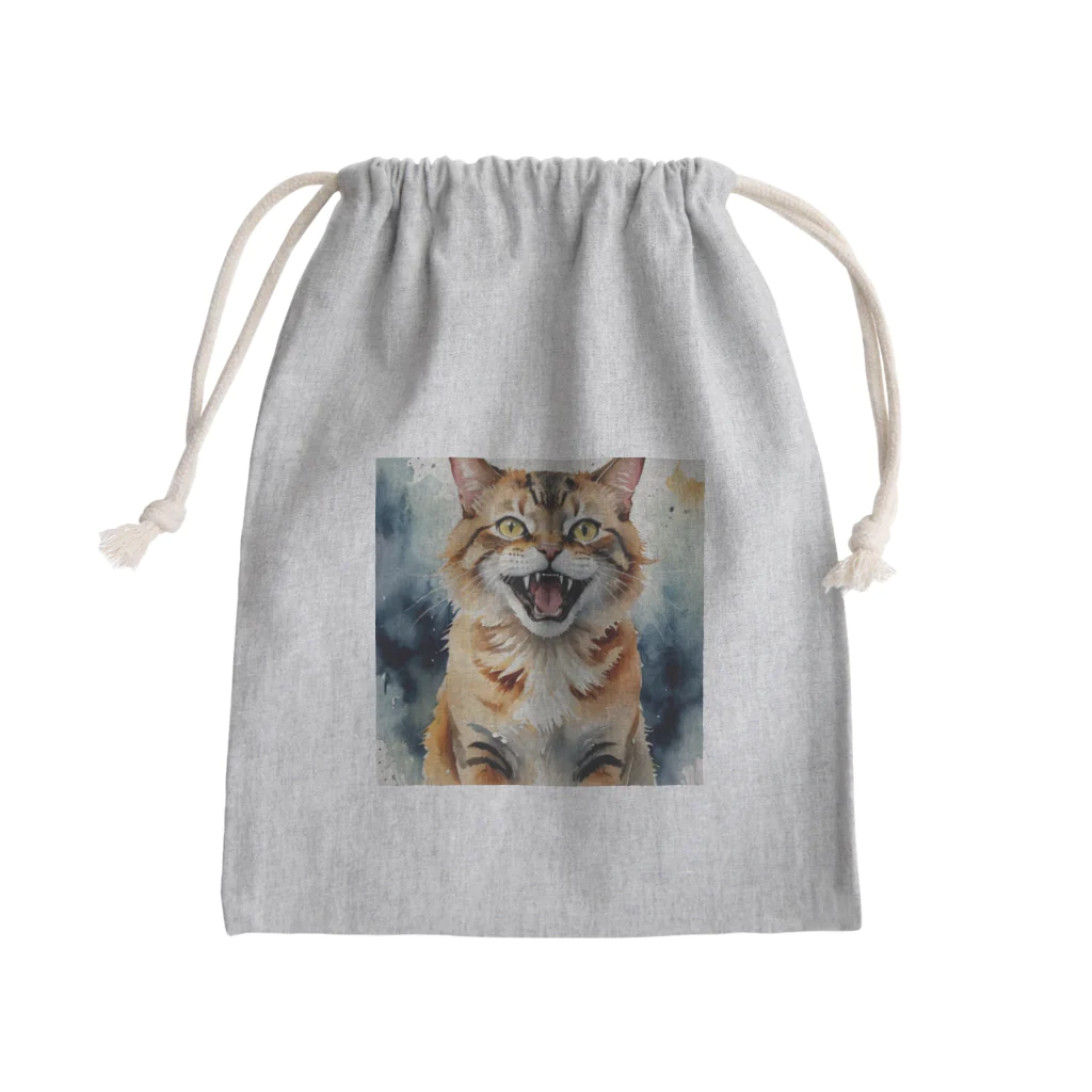 おさけふざけ＠アル中戦隊の怒った猫の表情が鮮やかに描かれた水彩画 Mini Drawstring Bag