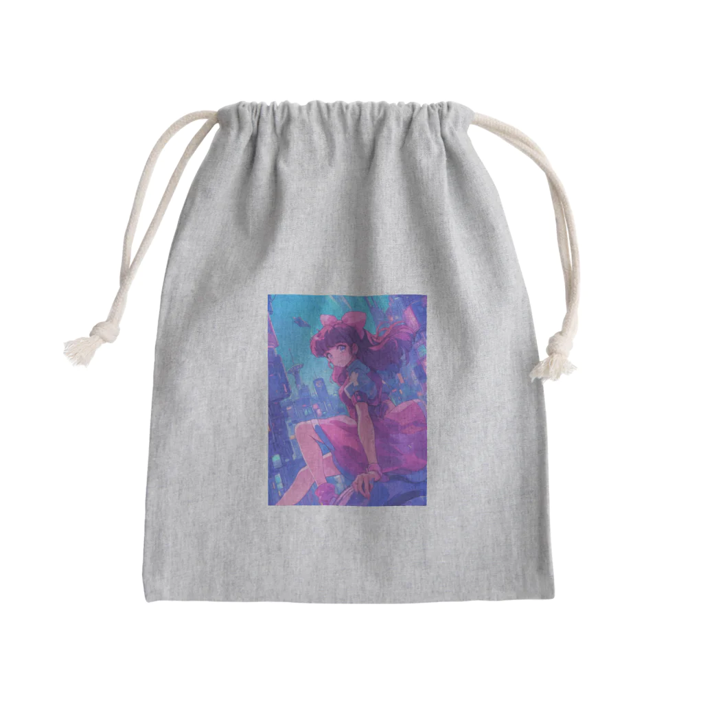 シロクマペンギンの昭和レトロアニメ風近未来ガール Mini Drawstring Bag