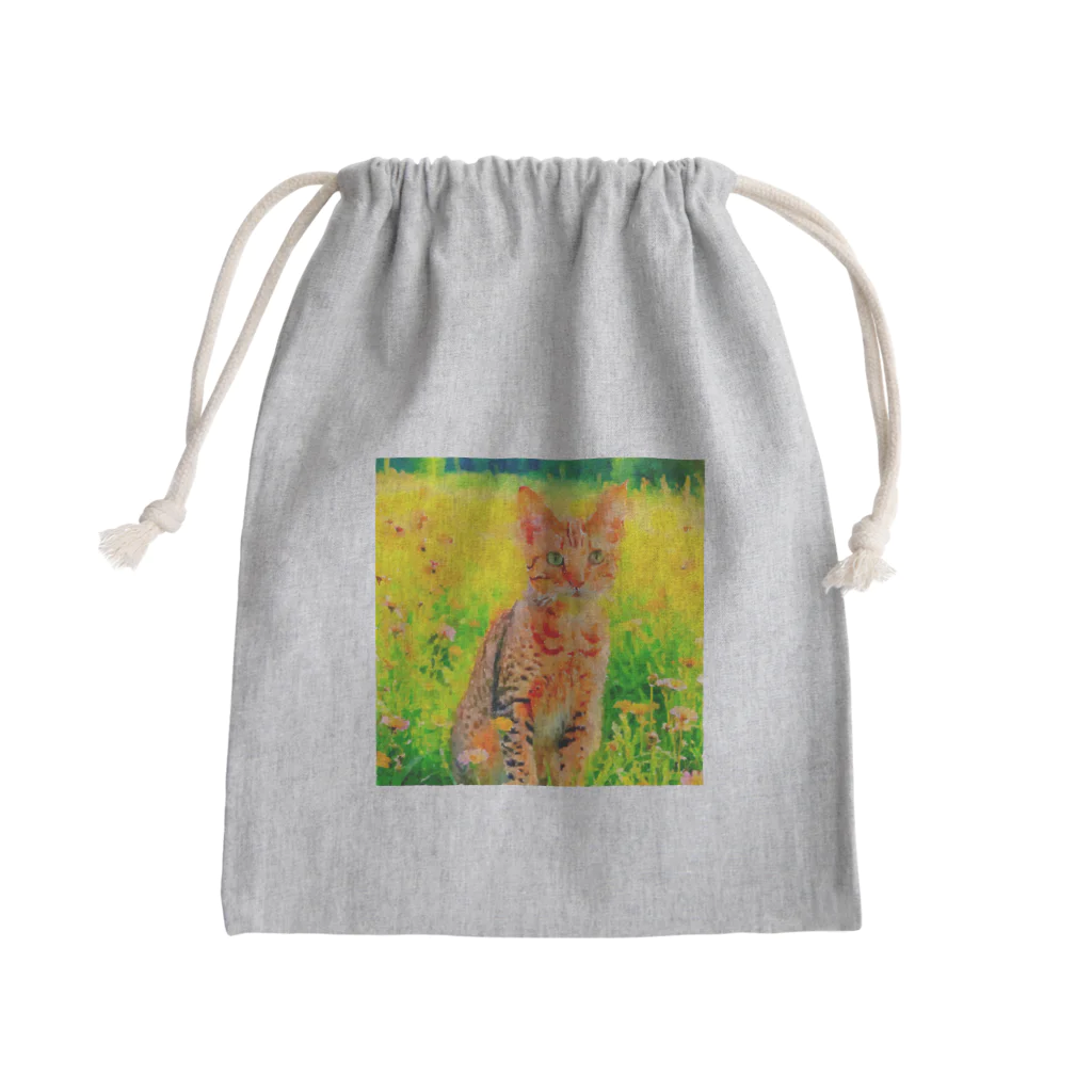 猫好きの谷の猫の水彩画/花畑のオシキャットねこのイラスト/キジトラネコ Mini Drawstring Bag