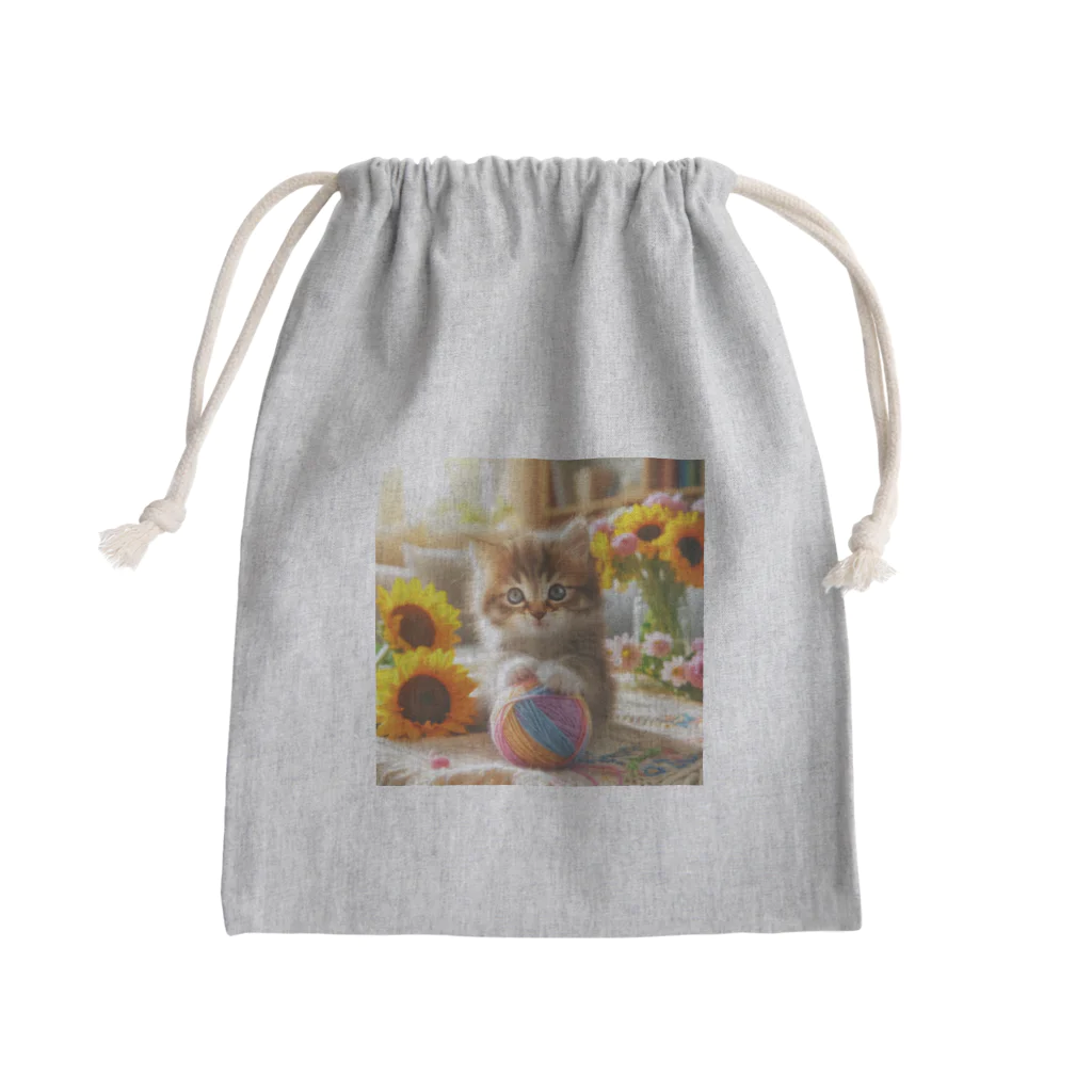 39キリリンの毛糸に手を置いている猫 Mini Drawstring Bag