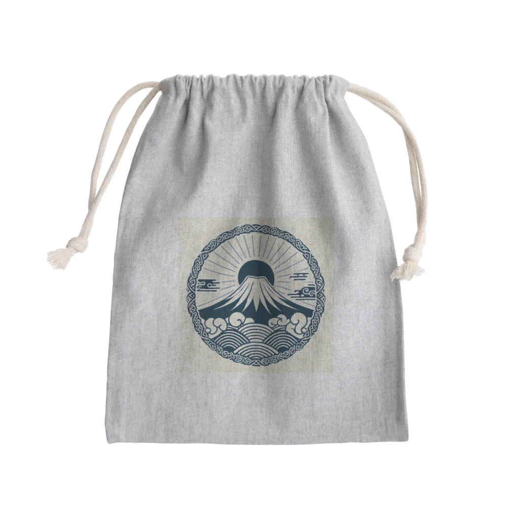 Cool Japanese CultureのMinimalist Traditional Japanese Motif Featuring Mount Fuji and Seigaiha Patterns Mini Drawstring Bag