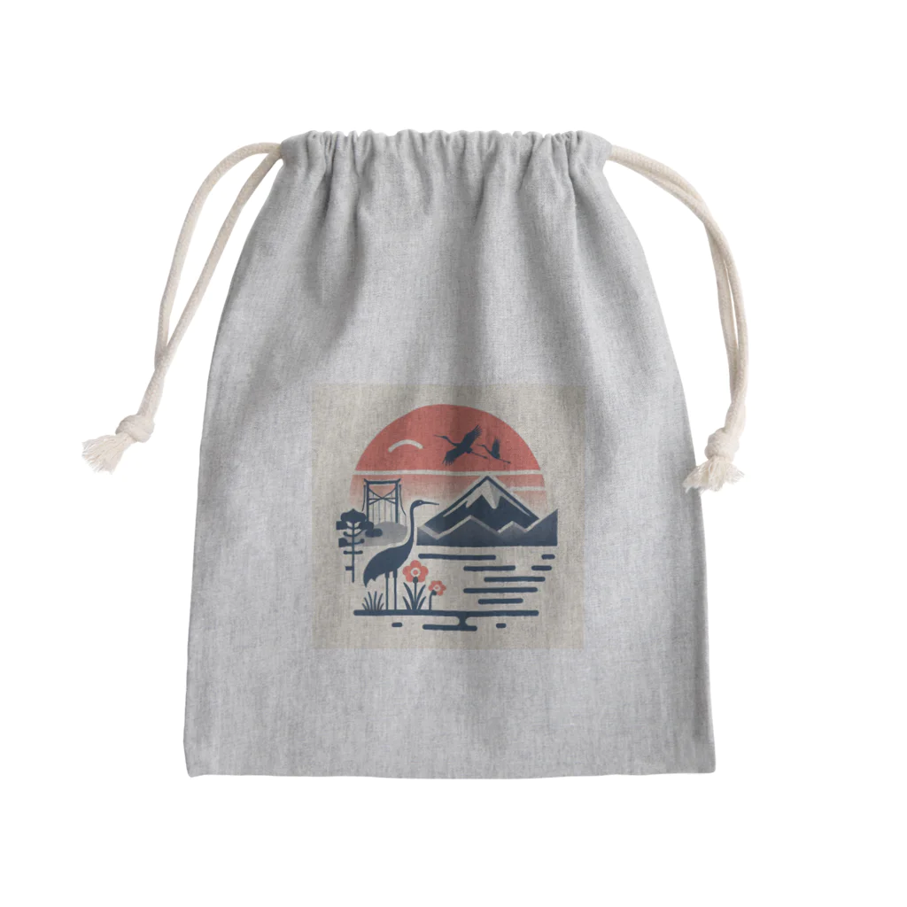 moontajの夕陽に映える鶴と富士 Mini Drawstring Bag