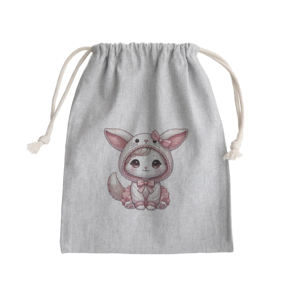 Snow-peaceの可愛いウサギ風フードのキュートな子猫 Mini Drawstring Bag