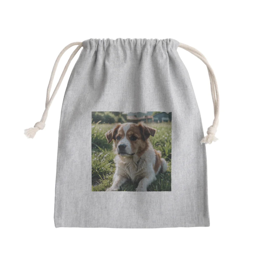 kokin0の草むらで斜めを見つめる犬 dog looking for the anywhere Mini Drawstring Bag