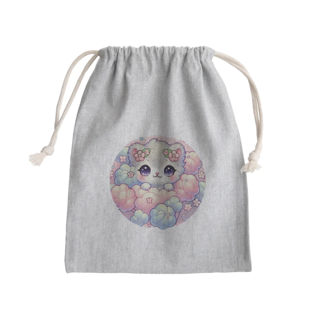 Snow-peaceのふわふわ花飾りの子猫 Mini Drawstring Bag