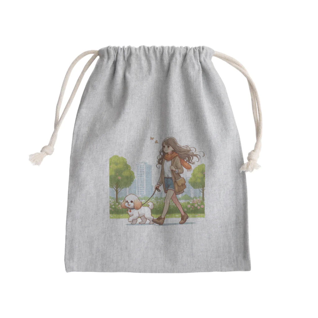 南国のかわいい犬と散歩をする女性 Mini Drawstring Bag