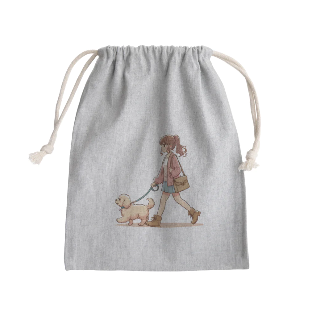 南国のかわいい犬と散歩をする女性 Mini Drawstring Bag