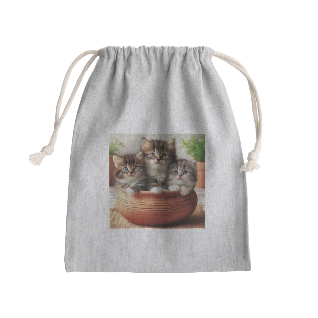 YFCの土鍋に可愛い親子猫が3匹④ Mini Drawstring Bag