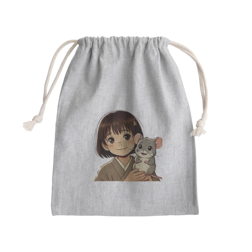 aqua-roomのさくらと小さな子ネズミ - イラスト: さくらとタロウが一緒に微笑んでいる場面 Mini Drawstring Bag