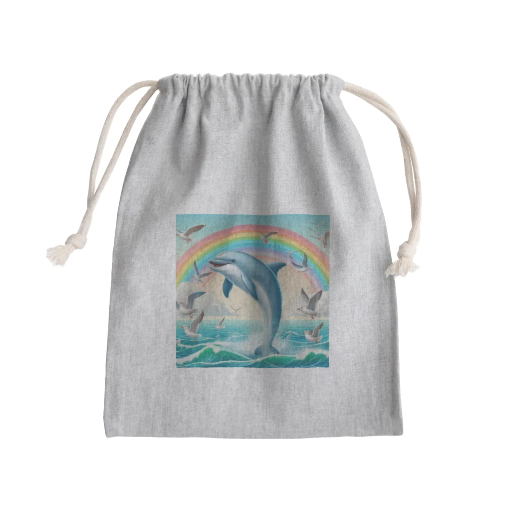 kaerinofficeのイルカとカモメが楽しく泳ぐ海の中で、きらめく虹が見えます🌈  Mini Drawstring Bag