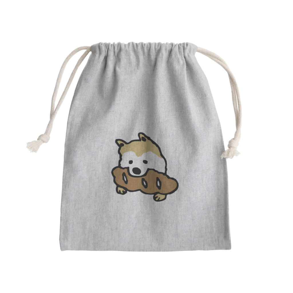 イザワメイのオンラインショップのパンをくわえた犬① Mini Drawstring Bag