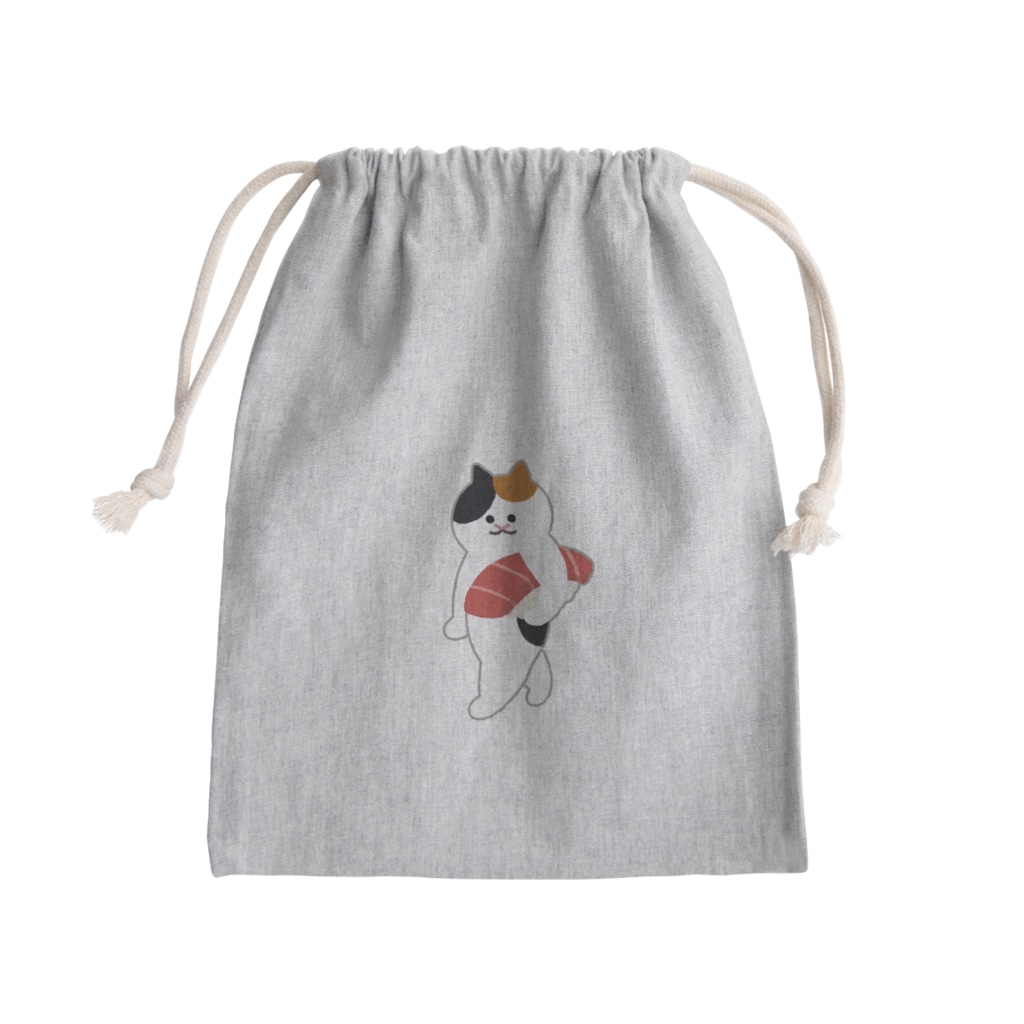 SUIMINグッズのお店のまぐろの握り寿司を自慢げに運ぶねこ Mini Drawstring Bag